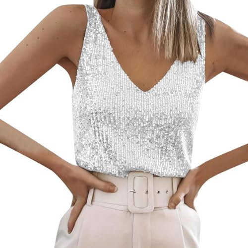 Camiseta Verano de Lentejuelas Colores Sólidos Para Mujer Vintage V-Cuello Chaleco sin Mangas Chaleco Elástico Suelto Sexy Camisola Top Blusas Ajustadas Para Mujer Ropa Calle Casual y de (Silver, XXL)