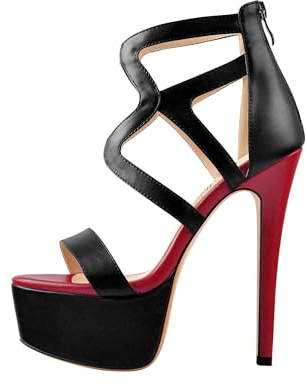 Blingqueen Sandales à plateforme pour femme avec lanières Stiletto à talon haut, Noir et rouge., 42 EU