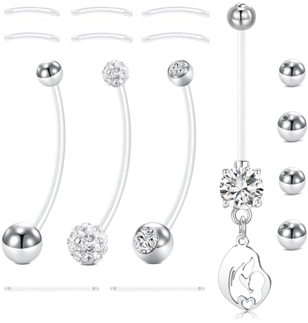 LAURITAMI 14G Piercing Ombelico Gravidanza Flessibile 32 mm Acrilico Fleixble Bioflex Piercing Gravidanza Ombelico con barra di ricambio 12/14/16/25 mm Sfera di ricambio 5/8 mm, 16 pezzi Set