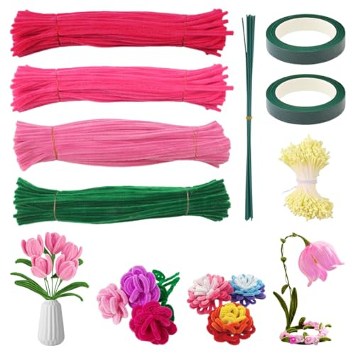 400 Piezas Pipe Cleaners For Flower Set De 400 Limpiapipas Pistilos, 10 Alambre De Tallo Floral Wire Verde Floristas, 2 Cinta Adhesiva, Set De Flores Con Limpiapipas Manualidades para Proyectos, Rosa