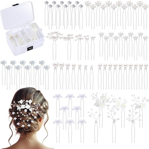 Liliaafar 80 Pieces Wedding Hair Pins for Bridal with 2 Storage Boxes Multi-style Handmade Bridal Hair Accessories Flower Pearl Rhinestone Bobby Pins U Clips for Wedding Brides Bridesmaid Women Girls