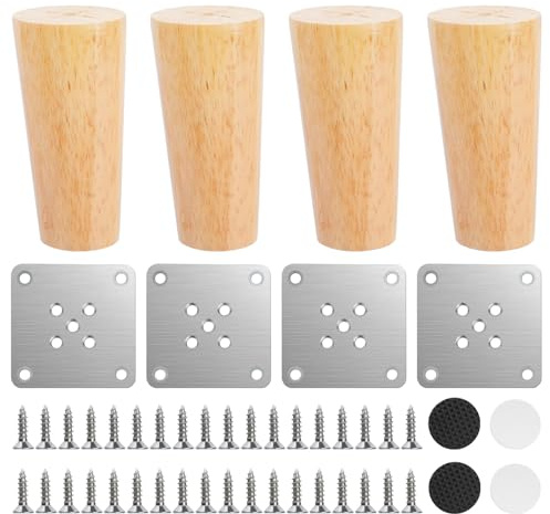 Zhushishunyi 4 PcsPieds de Meuble Bois, 10 cm Pieds de Meubles, Pied de Meuble Bois, Pied Canapé Droits et Fuselés pour Table Basse, Armoire, Commode, Chaise, Lit, Bureau, Sommier, avec Accessoires