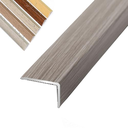 Floor Transition Strip Aluminum Stair Edge Nosing with Wood Grain，90cm L Shaped Doorway Trim, Grain Corner Wall Protector for Cabinet/Baseboard/Threshold(Striped Gray,W2CM)