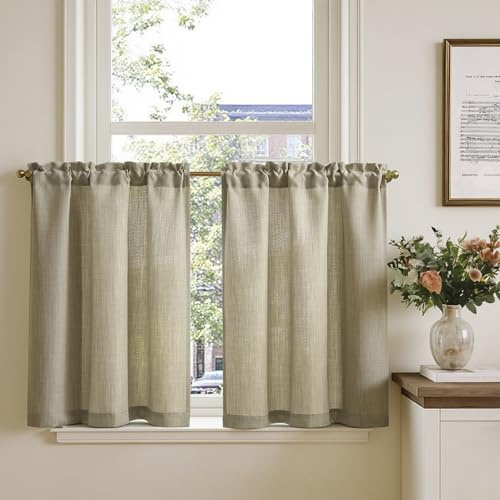 TOPICK Skivgardin bistrogardin set om 2 65 x 75 B cm beige linneutseende fönstergardin gardin modern gasväv halsdukar fönstergardin kök vardagsrum lantlig stil ljusgenomsläpplig