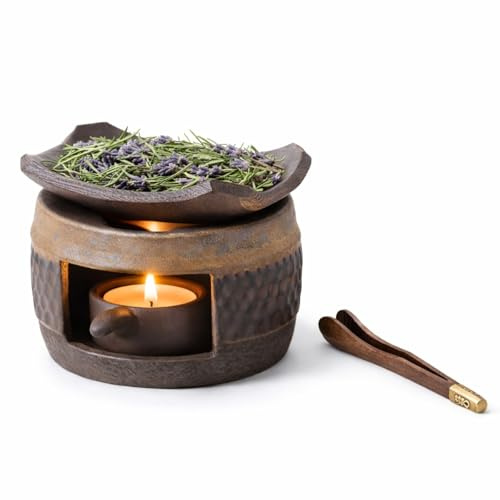 Zen Ceramic Incense Holder with Wooden Tongs, Tealight Wax Warmer and Essential Oil Burner for Wax Melts, Dried Herbs and Palo Santo, Aromatherapy Stove for Bedtime Calm, Meditation, Home and Office