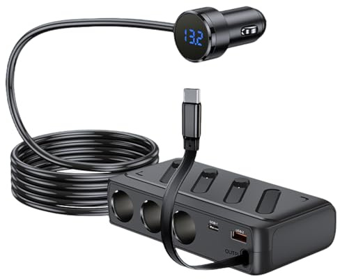 Dexumodbk Distribuidor de encendedor de cigarrillos de 142 W, con 3 enchufes y cable retráctil tipo C, 12 V/24 V, divisor con voltímetro LED e interruptor, para cámara GPS