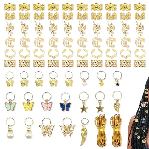 YinnFeen 82 Pezzi Gioielli per Trecce, Accessori Oro Dreadlocks, Farfalla Regolabili Clip Cuff a Spirale Perline Anelli a Clip per Capelli Gioielli Loc per Donna Uomo Accessori Braids
