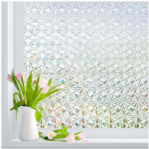 Windimiley 3D Diamond Frosted Window Privacy Film, Static Cling No-Glue Removable Vinyl, UV Blocking Heat Control for Bathroom Bedroom Door, 17.5 x 78.7 inch