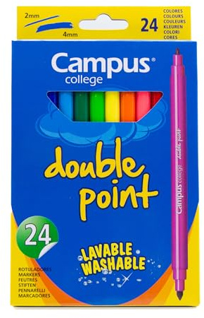 Campus College 24 marqueurs double pointe lavables de couleurs vives avec pointe en fibre très résistante et de longue durée, parfaits pour les travaux manuels, la peinture ou le matériel scolaire.