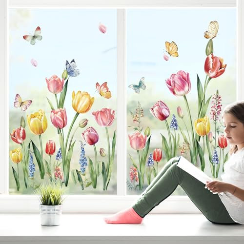 decalmile Fensteraufkleber Blumen Tulpen Schmetterling Fenster Abziehbilder Garten Blumen Anti-Kollision Fensterfolie Glas Fensterdeko Aufkleber