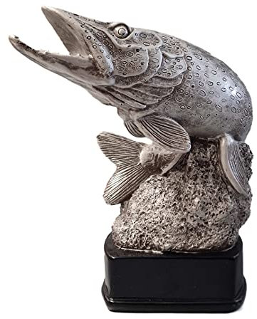 eberin – Angler Pokal 20 cm – Raubfisch Trophäe in Silberoptik – Pokal mit Wunschtext – Hecht Figur auf schwarzem Sockel – Award für Angelturniere und Wettbewerbe
