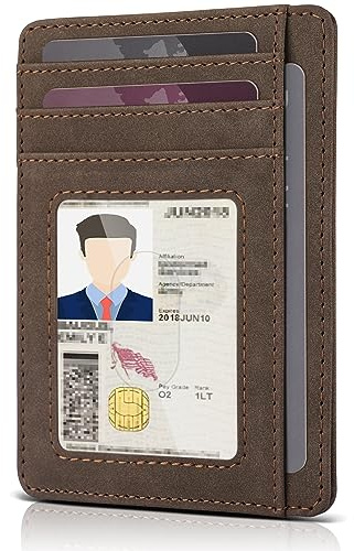 Teskyer Men Card Holder Wallet, Slim Credit Card Wallets, Minimalist, RFID Blocking, 1 ID Window, Holds up to 8 Cards, Suede Brown