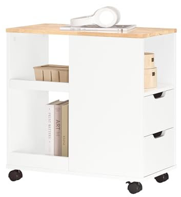 SoBuy Druckertisch mit Rollen Druckerständer Druckerschrank Aktenschrank Rollcontainer mit Fächern Bürowagen Beistellwagen Bürocontainer Weiß-Natur 30x60x60cm FBT130-WN