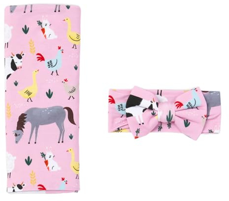 Little Sleepies Swaddle & Headband Bow Set, Viscose from Bamboo Baby Swaddles, Newborn Baby Girl Clothes (Luxe Pink Farm Animals)