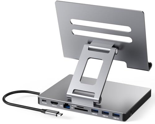 USB C Hub Stand, 9-in-1 Adapter for iPad Pro M4 M2 13 12.9 11 Inch Docking Station Foldable with 4K 60Hz HDMI, RJ45 Gigabit Ethernet, SD/TF Card Reader, 3 USB 3.0, 3.5 mm Audio, iPad Air