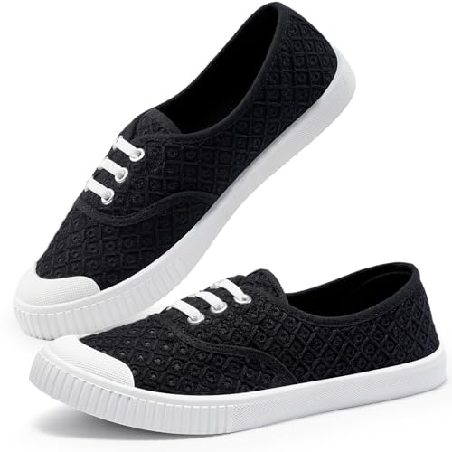Harvest Land Womens Canvas Shoes Low Top Flat Gym Sports Pumps Trainers Lace Up Ladies Girls Fashion Pumps Flower Black 8