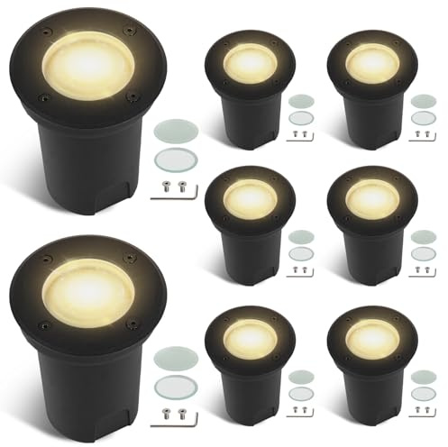 Fiqops 8x Faretti da pavimento esterni IP67 con LED GU10 3W Bianco caldo (sostituibile),tondi,regolabili,con lenti satinati di ricambio,ideali per giardino e percorsi esterni