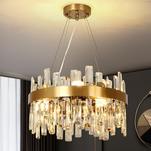 KUNYEEE Modern Crystal Gold Chandelier, Round Crystal Pendant Lamp, 8 x E14 Pendant Light for Living Room, Dining Room, Bedroom, Φ40 cm