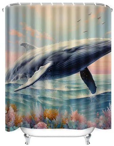 LMYCHENG Cortina de Ducha Impermeable con diseño artístico de Ballena oceánica de Aguas Profundas para decoración de baño, Cortina divisoria para bañera con Ganchos, 180 x 260 cm/71 x 102 Pulgadas