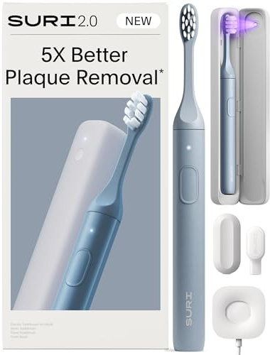 SURI 2.0 NEW Sonic Electric Toothbrush with Pressure Sensor & UV-Cleaning Travel Case |1 month+ Battery | Designed in London | Electric Toothbrush for Adults | Travel Toothbrushes | Tooth Brush | Blue