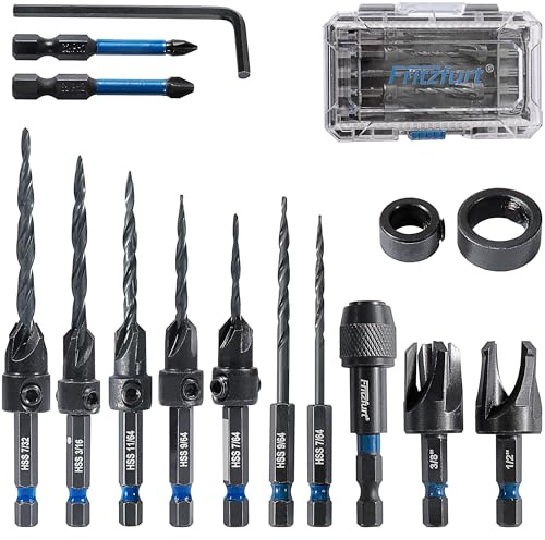 FRITZFURT Countersink Drill Bit Set, 15 PCS Tapered Drill Bits Counter Sink Drill Bit with 2PCS Wood Plug Cutter 1/4 Hex Shank Quick Change for Woodworking