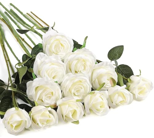 CHAOTEMAI 12 Pezzi Rose Artificiali, Rose Rosse Artificiali in Seta Bouquet Fiori Finti di Rosa con Steli Lunghi per San Valentino Composizioni di Nozze Casa Giardino Partito Decorazioni (Bianco)