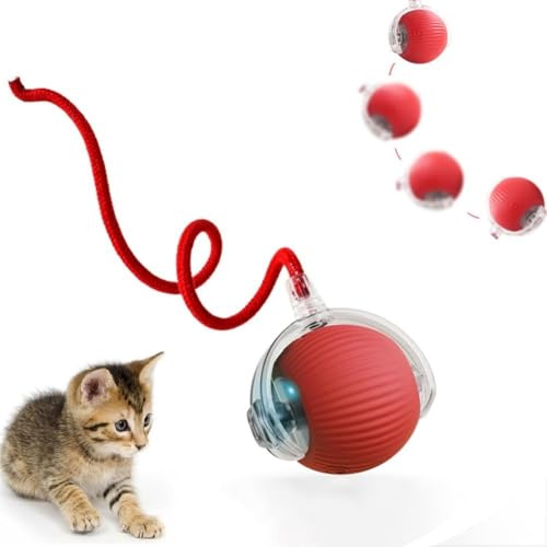 XUNNIU Pelota Juguetes Gatos, Eléctricos Juguete Interactivo Gato y Perro con Cuerda, Inteligente Pelota interactiva Perro rotación automática,Juguetes para Gatos y Perros, Rojo