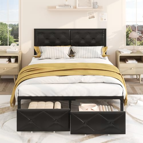 Vendricasa Double Bed Frame, Black Metal Bed Frame 4ft6(142 x 205 cm) with Upholstered Headboard and Charging Station (1 AC Socket, 1 USB‑A, 1 Type‑C Port), 2 Wheeled Storage Basket, Easy Assembly