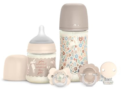 Suavinex, Canastilla, Set Regalo Recién Nacido con Biberones Anticólicos de 150 ml Flujo Lento + 270 ml Flujo Medio + 2 Chupetes 0/6 Meses con Tetina Fisiológica SX Pro + Chupetero. Wonderland Beige