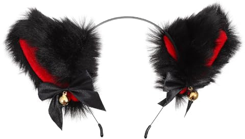 SECFOU Diadema Orejas de Animal de Peluche Negra y Roja, Orejas Plegables con Campana Dorada, Aro Pelo de Fiesta Cosplay, Accesorio Único para Niñas y Disfraz