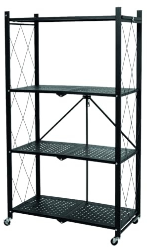 VERDELOOK | Scaffale Pieghevole in Metallo con Ruote 71x126x34 cm, Scaffale Richiudibile a 4 Ripiani Verniciato, Portata 20 kg per Ripiano, Soluzione Salvaspazio per Cucina, Garage e Ripostiglio