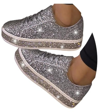 Minetom Sneakers Damen Pailletten Flache Low Sneaker Atmungsaktiv Glitzer Turnschuhe Outdoor Sportschuhe Laufschuhe Schuhe Schnürsenkel Walkingschuhe B Silber 39 EU