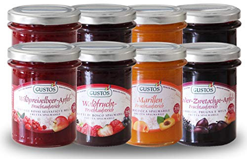 GUSTOS - Set misto di 4 confetture, 8 barattoli di marmellate: Frutti di bosco, Albicocca, Mirtilli e Mela, Sambuco, Prugna, Mela | 200g l'uno | contiene il 70% di frutta