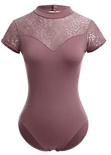 IMEKIS Damen Ballett Trikot Kurzarm Blumenspitze Ballettanzug Einfarbig Gymnastik Trikots mit Abnehmbaren BH-Polster Einteilig Tanz Body Sportlich Rückenfrei Ballerina Tanzkleidung Kostüm Altrosa M