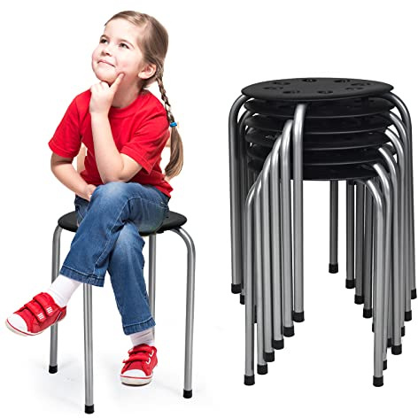 RELAX4LIFE Lot de 6 Tabourets Empilables avec Cadre en Métal, Tabourets Bar pour Enfants Adultes, Tabourets Ronds Légers pour Cuisine Bureau Salon, Hauteur D’Assise 44 CM, Charge 100 KG (Gris)