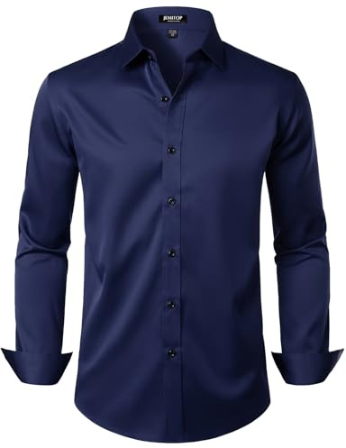 JEMITOP Mens Stretch Wrinkle Free Dress Shirts Navy L
