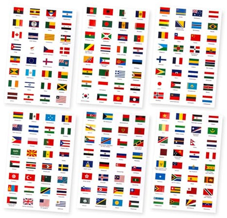 Adesivi Bandiera del Mondo, 6 Fogli Adesivi Bandiere 192 Pezzi Adesivi Passaporto Stickers, Decorazione Giochi Per Pianificatore Di Viaggio Bagagli