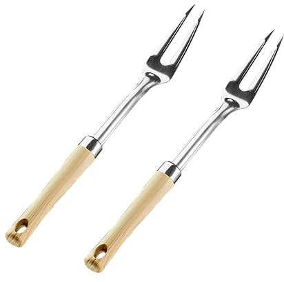 Carving Fork 13 Inch - Stainless Steel Meat Forks for Kitchen - Cooking Fork with Wooden Handle for Grill, BBQ - Serving Forks with Two Tined for Roast, 2 Pcs
