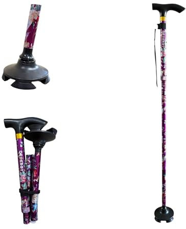 DEMERGY® Bastone Pieghevole, Bastone Estensibile, 5 Livelli di Altezza Regolabile, Bastone Leggero e Portatile da Viaggio con Cinturino e Manico a T per Anziani e Disabili, Base Girevole