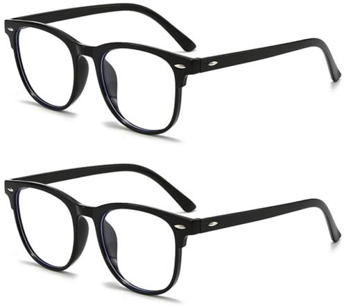 KEYRI 2 Stück Blaulichtfilter Brille Damen, Blaulichtfilter Brille Gaming Blaulichtbrille Ohne Sehstärke Rund Brillen Modebrille Blaulichtfilter Brille Computerbrille Lindert Müdigkeit (Schwarz)