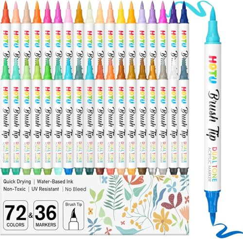 HOTU pennarelli acrilici 72 colori per vetro, roccia, carta, tessuto, pietra, legno - Set da 36 pennarelli con doppia punta - Kit di forniture per arti e mestieri - Ottima idea regalo