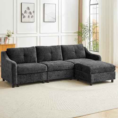 JIEXI Ecksofa Mit Schlaffunktion Kordsofa, L Form Couch, Ecksofa Eckcouch, Schlafsofa, 251cm (Grau 3 Sitze +1 Hocker)