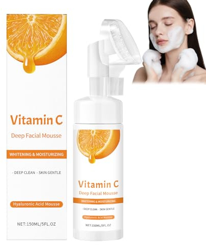Limpiador facial espumante con vitamina C, espuma limpiadora facial VC, espuma limpiadora facial espumante con cepillo de silicona, aclarando y alisando la limpieza diaria de la cara (1pcs)