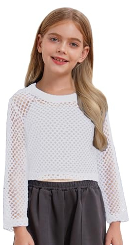 inhzoy Maglia da Ballo di Strada Bambina Maglietta Sportiva da Danza Moderna Jazz Hip Hop Trasparente Felpa da Ginnastica Artistica a Rete T-Shirt Camicia da Allenamento Bianco 7-8 Anni