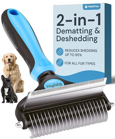 MalsiPree 2-in-1 Hundebürste Enthaarungs- und Entfilzungskamm, Unterfellbürste Hunde - Multifunktionaler Kamm für kurzes, langes Haar - Katzenkamm, Tierhaarentferner Groß, Blau