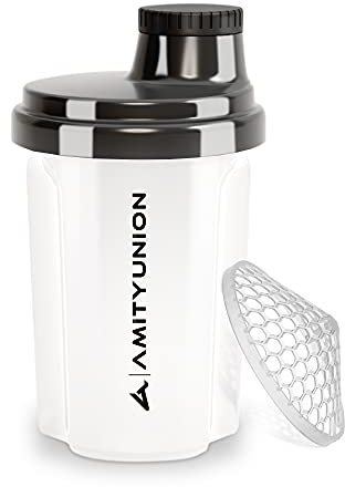 Protein Shaker 300 ml „Heaven“ auslaufsicher, BPA frei mit einklickbarem Sieb & Skala für Cremige Whey Shakes, Gym Fitness Becher für Isolate & Sport Konzentrate, Eiweiß Shaker Weiss Schwarz