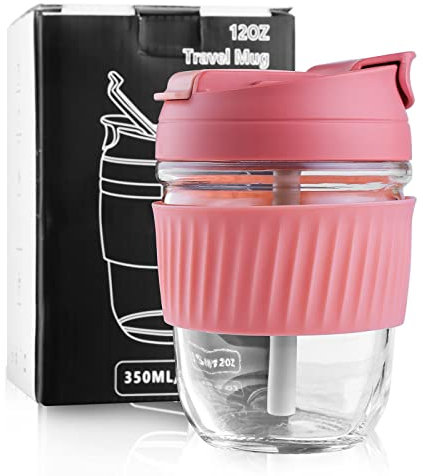 Sivaphe Glass Cup Reusable Travel Mug Tumbler with Straw Lid for Tea, Coffee Home Office 350ML/12OZ Pink Silicone Sleeve