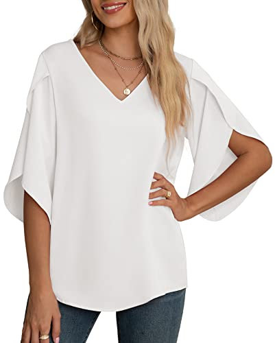 Yommay Women's Chiffon Blouse Ladies Tops Elegant Casual Loose 3/4 Ruffled Split Sleeve V Neck Summer Blouse Shirts(White,XX-Large)