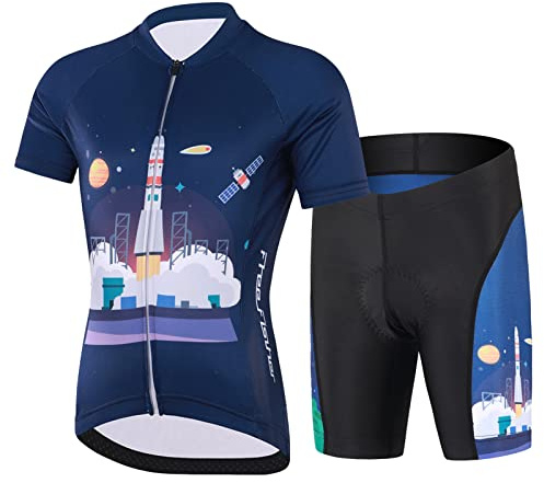 Amur Leopard Maillot de Cyclisme Enfant Garçon Combinaison de Cyclisme Fille Ensemble 2pcs T-Shirt à Manches Courtes + Cuissard avec 3D Coussin de Siège, Bleu Foncé, M/5-6 Ans