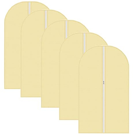 Vinsani 5pc Dustproof Garment Bags Hanging Clothes Covers Breathable, Cream | Waterproof Hanging Storage Wardrobe Bags for Suits, Shirts, Dresses, Coats - 100 x 60cm